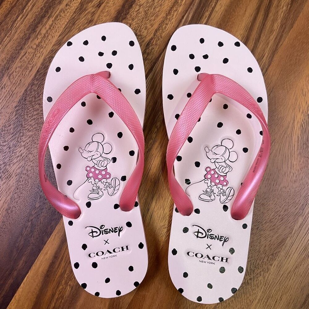 Coach X Disney Minnie Mouse Pink Floral Thong Flip Flops Sandals Women's Size 7 - Picture 3 of 9